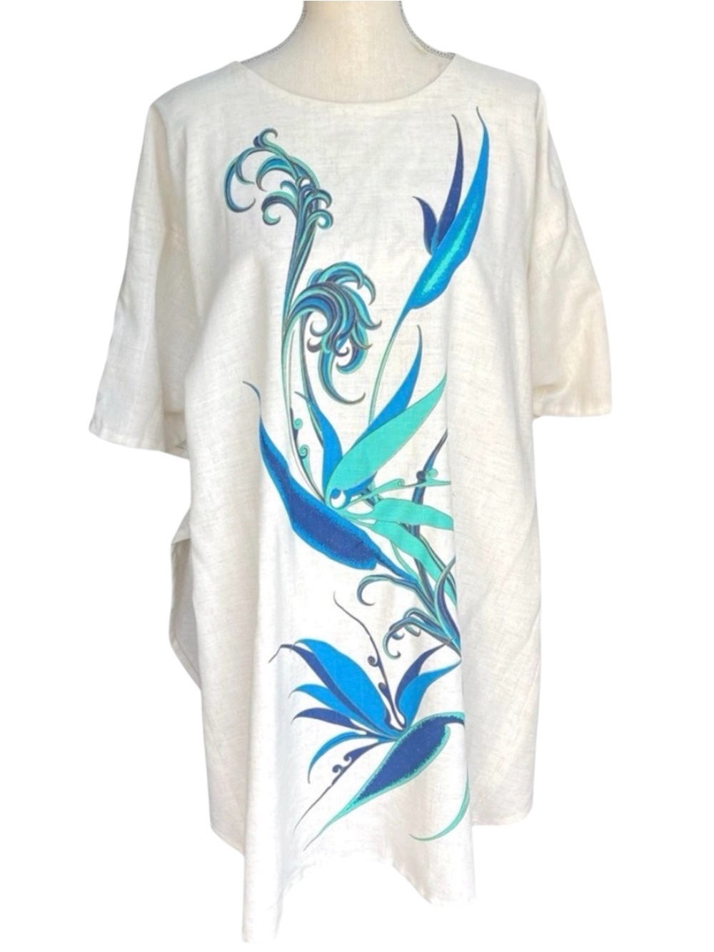 Vintage Shaheen Hand Painted Off White Linen Kaftan Tunic Top Dress (O/S)
